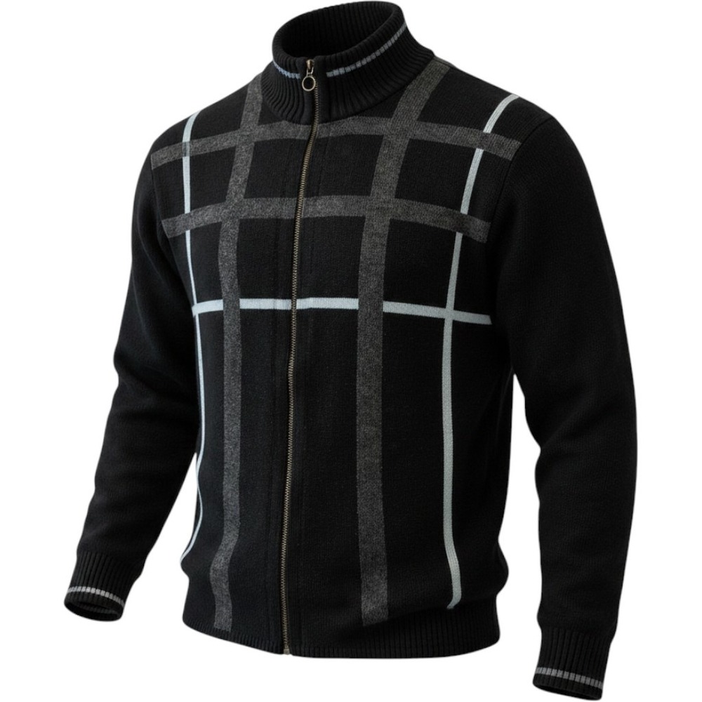 Men's Full Zip Knit Sweater Jacket Plaid Check Black Gray Large Casual